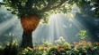 © Muhammad - A tall tree with a natural bee hive hanging from its lower branches, surrounded by forest plants and flowers.