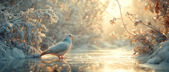 Wall Mural - White dove on icy winter stream, sunrise. Peaceful nature scene