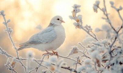 Wall Mural - White dove perched on frosty branch, sunrise. Winter nature scene (1)