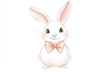 Poster - Cute illustrated white rabbit with a bow tie sitting cheerfully on a white background. Generative AI