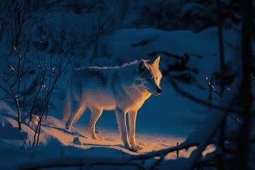 Wall Mural - A snowy landscape illuminated by the aurora borealis, silhouetting a lone arctic wolf.