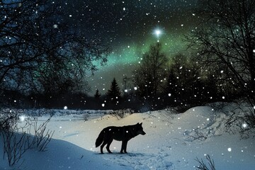 Wall Mural - A snowy landscape illuminated by the aurora borealis, silhouetting a lone arctic wolf.