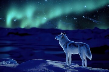 Wall Mural - A snowy landscape illuminated by the aurora borealis, silhouetting a lone arctic wolf.