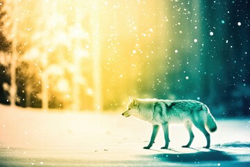 Wall Mural - A snowy landscape illuminated by the aurora borealis, silhouetting a lone arctic wolf.