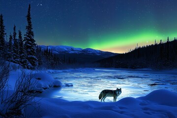 Wall Mural - A snowy landscape illuminated by the aurora borealis, silhouetting a lone arctic wolf.