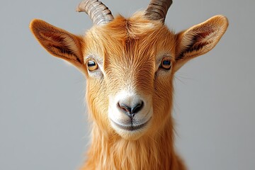 A young golden goat stares directly ahead