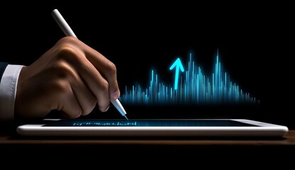 Poster - Businessman Analyzing Financial Graph on Digital Tablet, Close-Up of Hands with Pen Pointing at Bar Chart