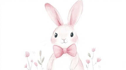Poster - Cute illustrated bunny with pink bow and flowers in a whimsical style. Generative AI