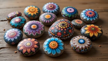 Hand-Painted Floral Mandala Stones: Vibrant, Detailed Artwork