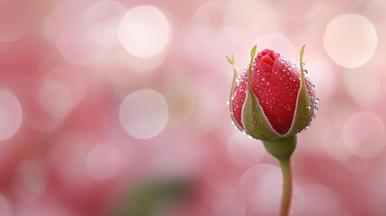 Wall Mural - Valentine rose concept. A close-up of a dew-kissed rose bud against a soft pink background.