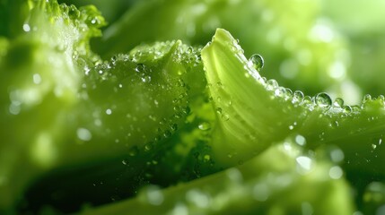 Aufkleber - Macro shot of fresh crunchy celery leaves with water droplets highlighting their vibrant green texture and natural freshness.