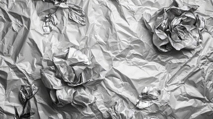 Poster - Textured crumpled aluminum foil backdrop with artistic floral shapes showcasing contrast and depth for creative design use.
