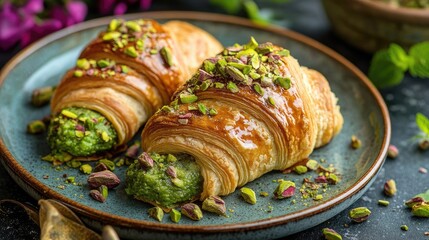 Poster - Pistachio Croissants with Green Filling Garnished with Chopped Pistachios on Rustic Plate Perfect for Breakfast or Dessert