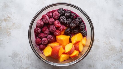 Poster - Preparation of a Refreshing Blackberry Peach Smoothie with Frozen Fruits in a Glass Bowl