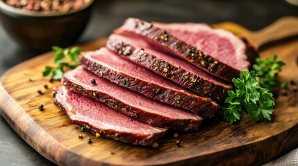 Poster - Sliced beef pastrami on a wooden board garnished with herbs and spices, showcasing a rich color and texture for culinary visuals.