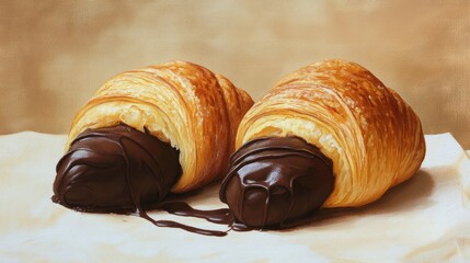 Poster - Freshly baked croissants filled with rich chocolate cream on a soft textured background