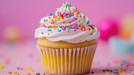 Poster - Vibrant Vegan Cupcake with Frosting and Colorful Sprinkles Against a Pink Background Perfect for Dessert Promotions