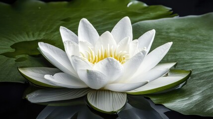 Poster - Elegant White Lotus Blossom Surrounded by Lush Green Leaves in Peaceful Aquatic Setting