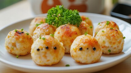 Poster - Savory meatballs garnished with fresh herbs beautifully presented on a white plate for a delightful culinary experience