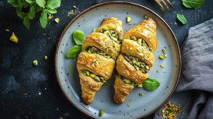 Aufkleber - Pistachio Croissant Delight Fresh Green Herbal Breakfast on Rustic Plate