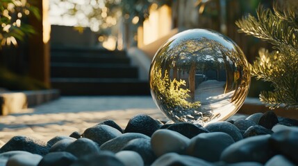 Leinwandbilder - Crystal ball on pebbles reflecting nature creating a serene mystical atmosphere with trees and sky in a tranquil outdoor setting
