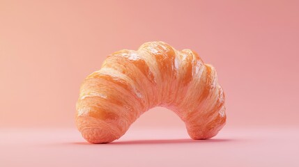 Poster - Flaky golden croissant on a soft pink background showcasing its texture and shape for culinary or bakery themed projects
