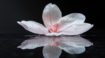 Poster - Delicate water flower in bloom reflecting on calm surface showcasing soft pink petals and gentle curves against dark background