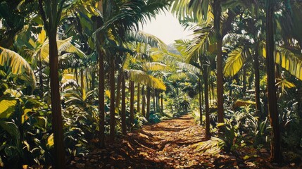 Aufkleber - Lush Cocoa Tree Grove with Sunlight Filtering Through Green Foliage in a Tropical Landscape