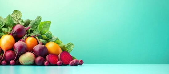 Canvas Print - Colorful Beetroots and Fresh Vegetables with Green Mint Background and Empty Space for Text or Design Elements