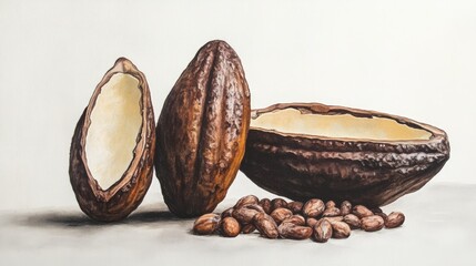 Poster - Cocoa pods and dried cocoa beans artfully arranged showcasing the rich texture and color of natural cocoa products