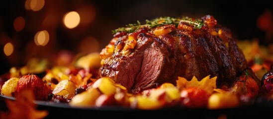 Aufkleber - Roast beef garnished with autumn vegetables and colorful leaves featuring space for text or promotional content