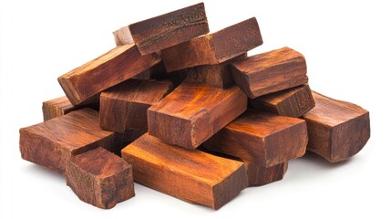Poster - Crown jatoba wooden chunks arranged on a white background showcasing rich textures and warm tones for design or craft projects