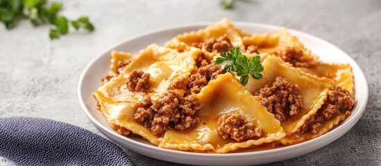 Poster - Savory Ravioli with Minced Meat Filling on Clean White Plate Ideal for Food Menus and Culinary Promotions