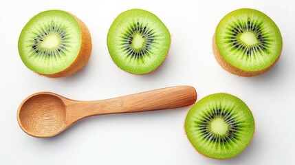 Poster - Cross section of ripe kiwi fruit and spoon with sliced segments on white background showcasing vibrant green flesh and texture details