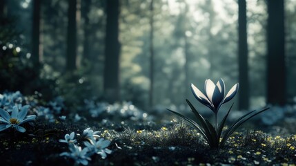Aufkleber - Crocus flower blooming in a serene forest setting with soft light illuminating the surrounding flora and tranquil atmosphere