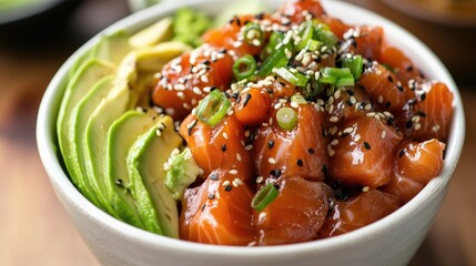 Poster - Fresh salmon poke bowl garnished with creamy avocado slices, sesame seeds, and green onions, served in a stylish white bowl.