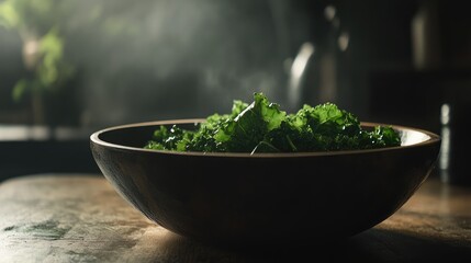 Poster - Fresh kale leaves in a dark wooden bowl with soft lighting on a rustic table highlighting healthy eating and vibrant greens