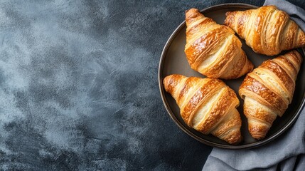Poster - Freshly baked croissants arranged on a plate against a textured background perfect for culinary or bakery themes.