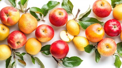 Aufkleber - Fresh summer apples and pears with green leaves on white background showcasing vibrant colors and natural textures.