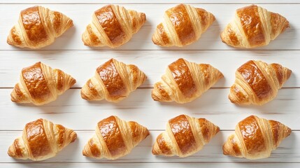 Poster - Freshly baked croissants arranged on a white wooden background showcasing their golden crust and flaky texture.