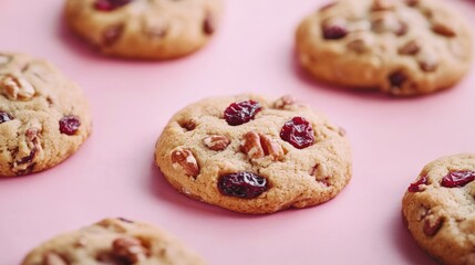 Aufkleber - Cookies with dried cranberries and nuts on pink baking paper close up selective focus delicious dessert background with copy space