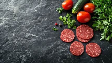 Aufkleber - Fresh Cooking Ingredients on Dark Stone Table Top View with Sliced Sausage Vegetables Herbs Red Tomatoes Cucumbers and Space for Text