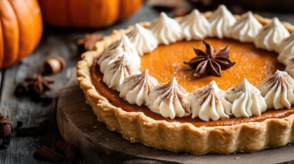 Aufkleber - Pumpkin pie with whipped cream and star anise decoration on rustic wooden table with pumpkins in background