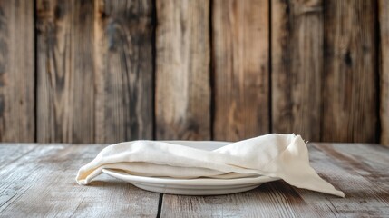 Poster - Rustic dining setting with cloth napkin elegantly placed on a white plate against a backdrop of weathered wooden planks
