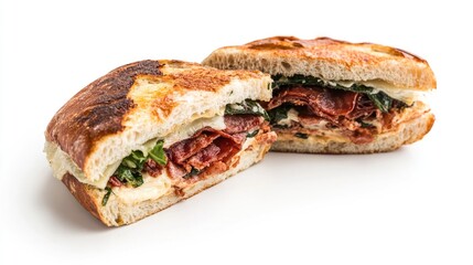 Aufkleber - Gourmet sandwich with fresh ingredients sliced in half showcasing layers on a clean white background