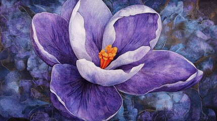 Poster - Vibrant purple crocus flower in bloom showcasing intricate petals and vivid colors against a soft blurred background in springtime setting.