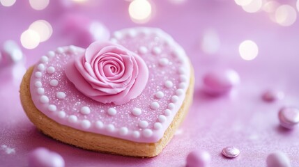 Aufkleber - Heart-shaped pink gingerbread cookie adorned with colorful rose and purple bokeh background ideal for celebration and romantic themes.