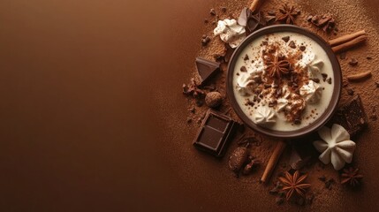 Poster - Cocoa topped with cream and chocolate pieces surrounded by spices on a rich brown background for a cozy beverage theme.