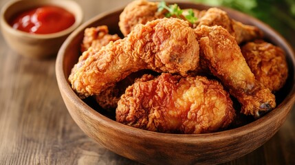 Aufkleber - Golden crispy fried chicken in a rustic bowl garnished with herbs and served with a side of dipping sauce on a wooden table.