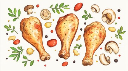 Poster - Roasted chicken drumsticks garnished with mushrooms and herbs in a colorful flat lay composition